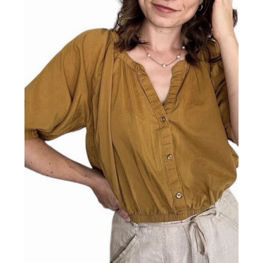 Aerie Puff Sleeve V-Neck Crop Top Boho Peasant Women's Size Large Mustard